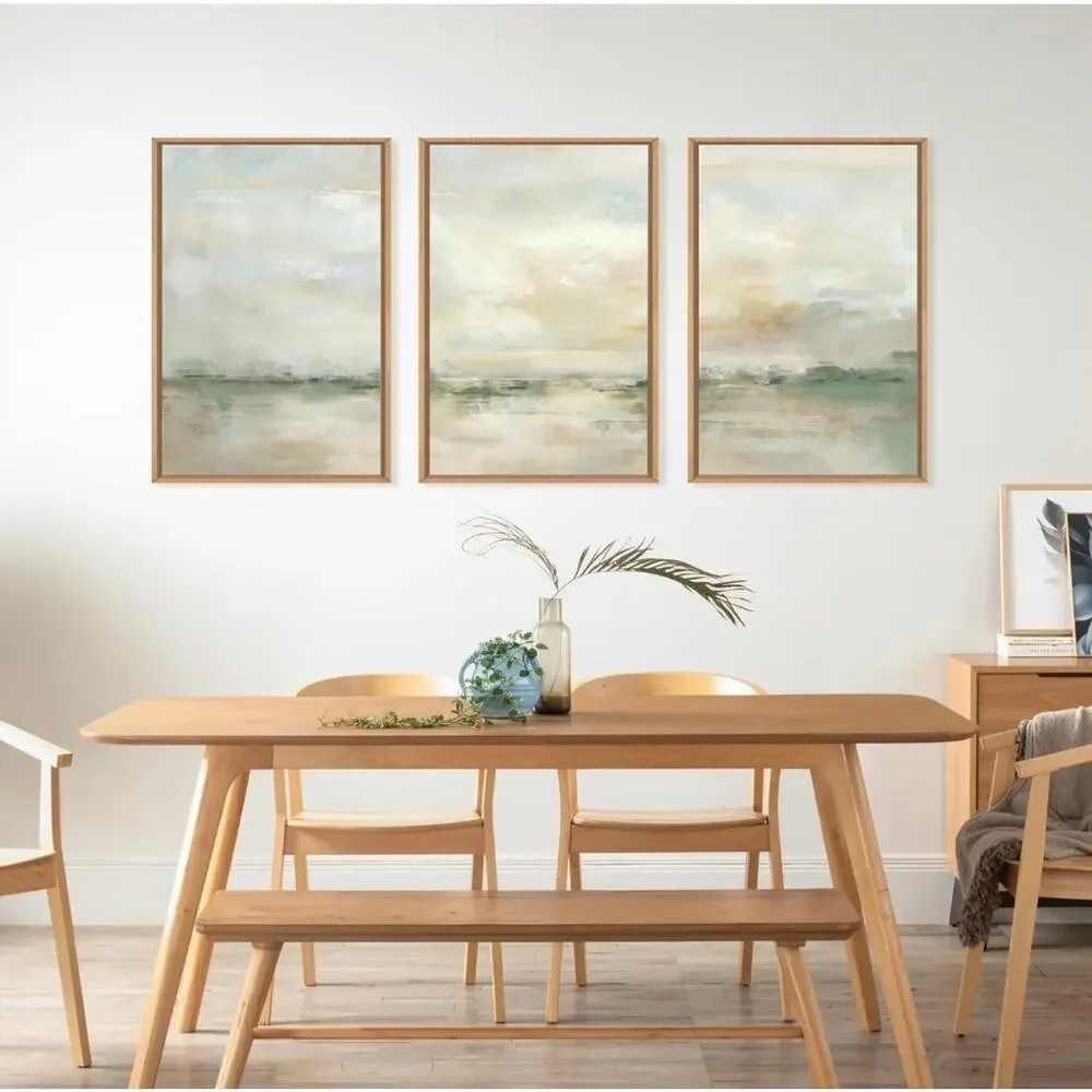 LHIUEM 3Piece Abstract Landscape Framed Wall Art Green Beige 24x36 Canvas New OB